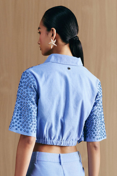 Blue Chambrey Mirror Embellished Crop Shirt
