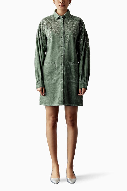 Green Overdyed Mirror Embellished Dress