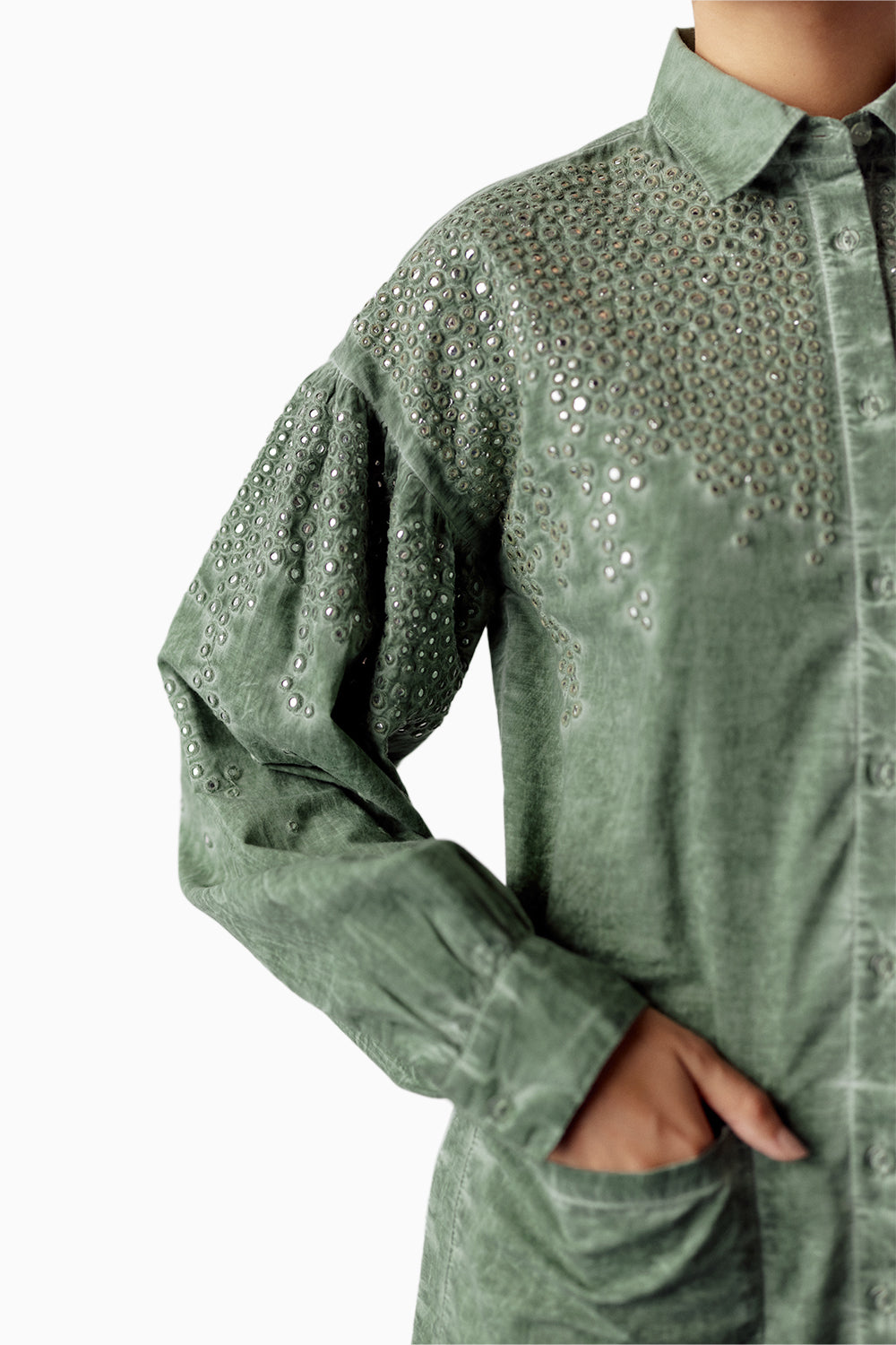 Green Overdyed Mirror Embellished Dress