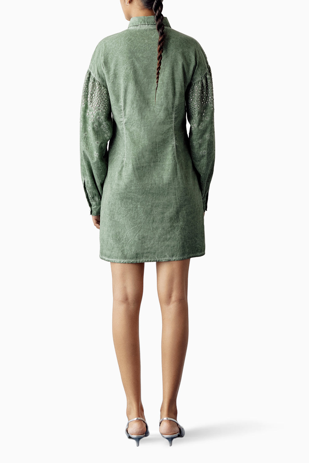 Green Overdyed Mirror Embellished Dress