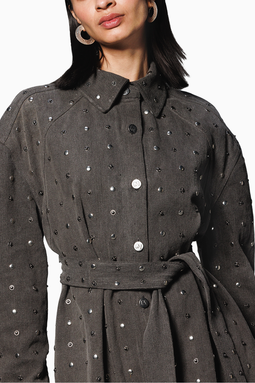 Black Washed Denim Studded Trench