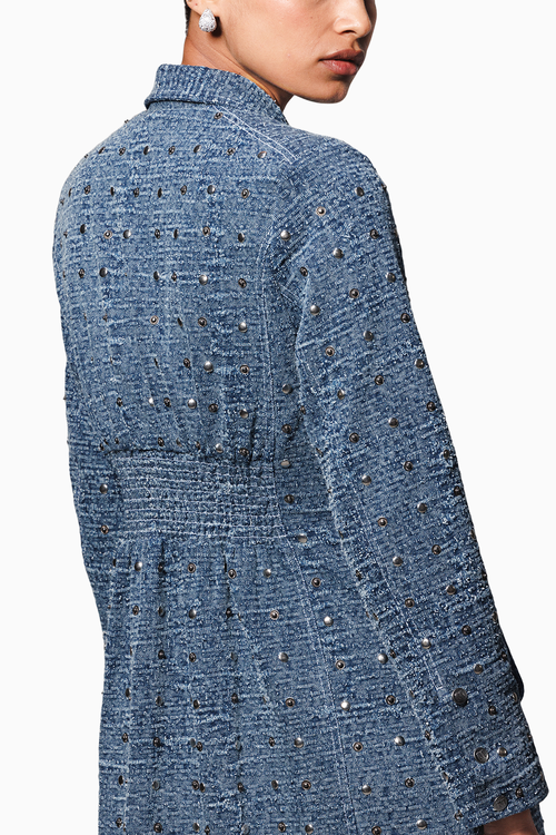 Blue Washed Distressed Denim Studded Trench