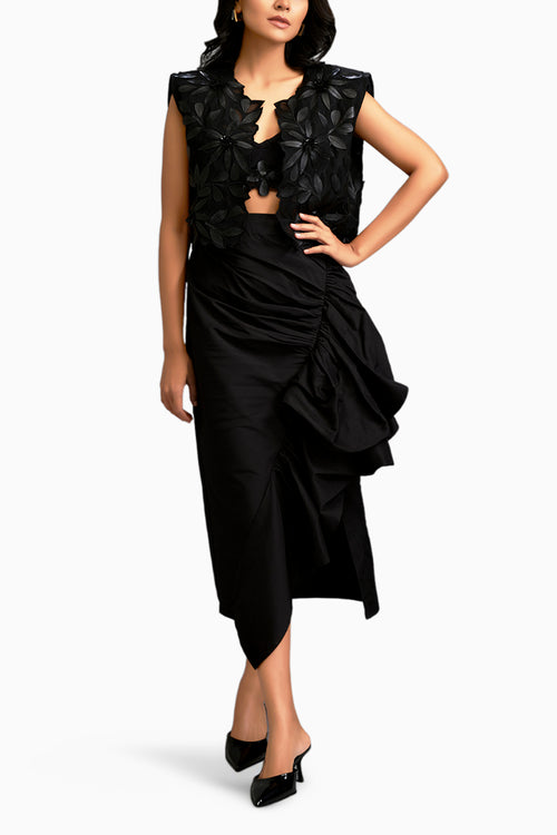 Floral Applique Black Cropped Top With Asymmetric Ruched Skirt