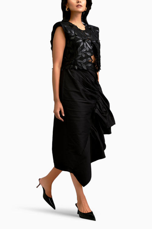 Floral Applique Black Cropped Top With Asymmetric Ruched Skirt