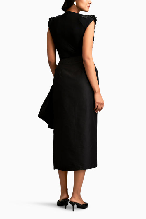 Floral Applique Black Cropped Top With Asymmetric Ruched Skirt