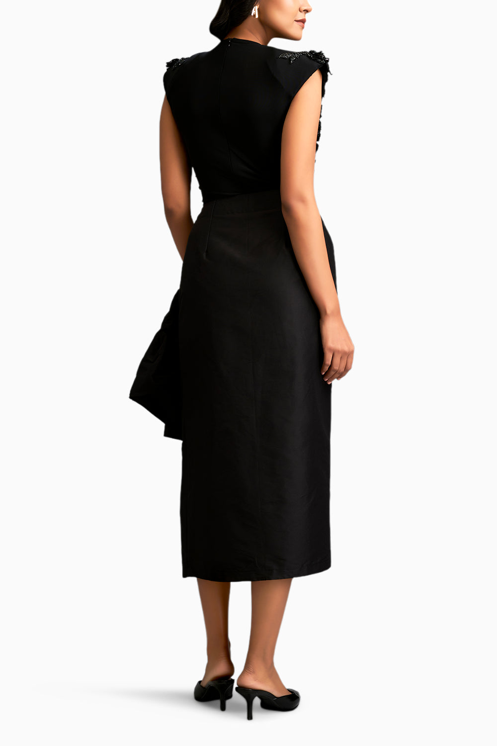 Floral Applique Black Cropped Top With Asymmetric Ruched Skirt