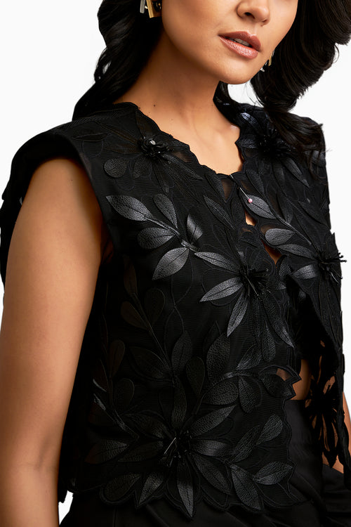 Floral Applique Black Cropped Top With Asymmetric Ruched Skirt