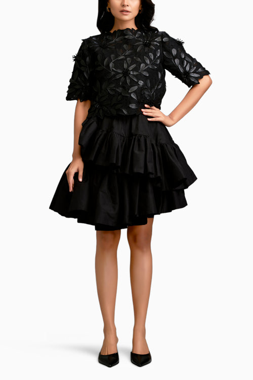 Black Floral-Applique Top With Tiered Ruffled Skirt