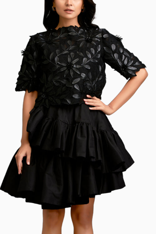 Black Floral-Applique Top With Tiered Ruffled Skirt