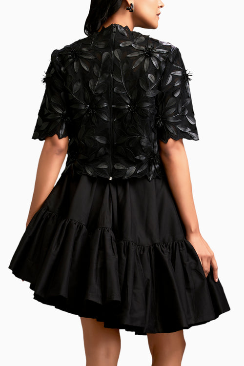 Black Floral-Applique Top With Tiered Ruffled Skirt
