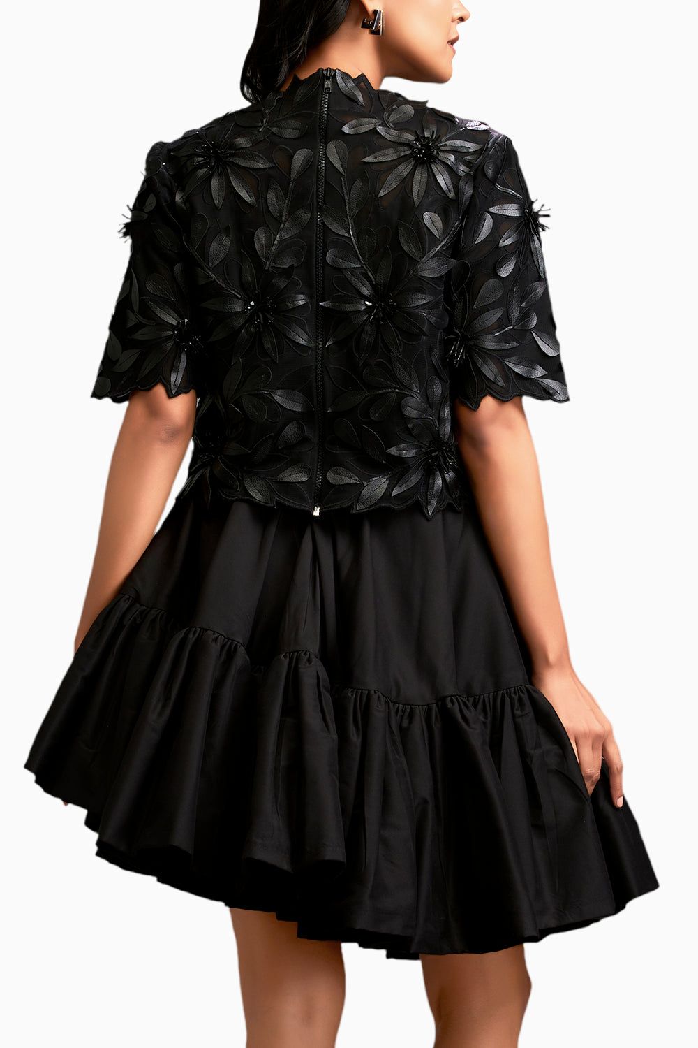 Black Floral-Applique Top With Tiered Ruffled Skirt