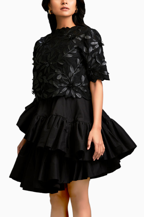 Black Floral-Applique Top With Tiered Ruffled Skirt