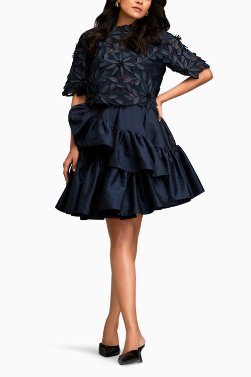 Blue Floral-Applique Top With Tiered Ruffled Skirt
