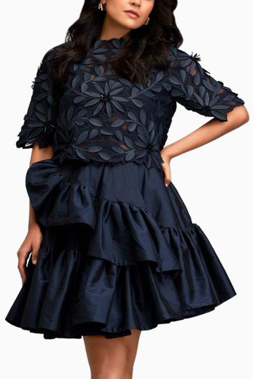 Blue Floral-Applique Top With Tiered Ruffled Skirt
