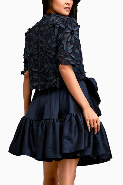 Blue Floral-Applique Top With Tiered Ruffled Skirt