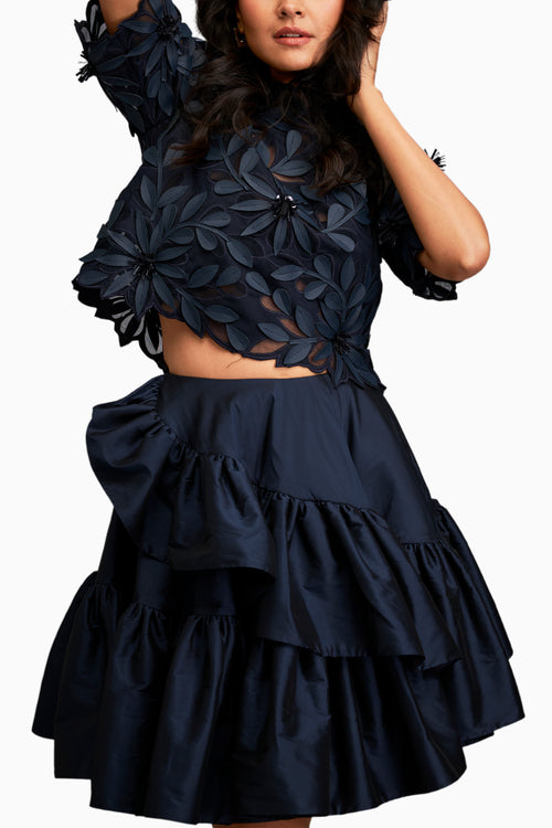 Blue Floral-Applique Top With Tiered Ruffled Skirt