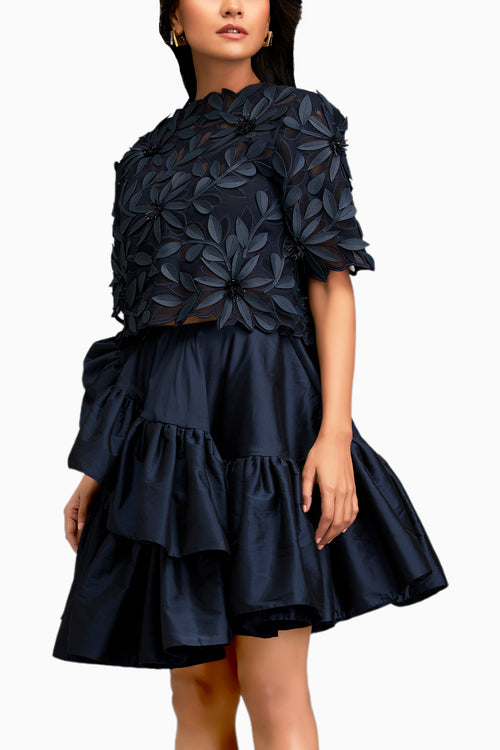 Blue Floral-Applique Top With Tiered Ruffled Skirt