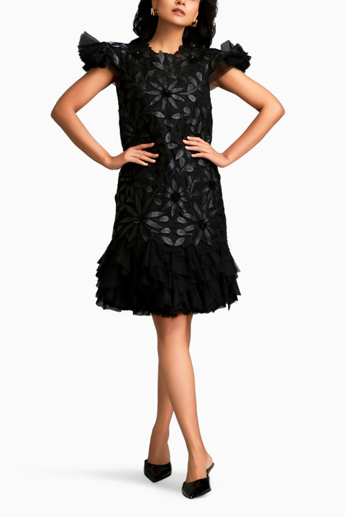 Floral Applique Short Dress With Layered Ruffled Hem And Slip