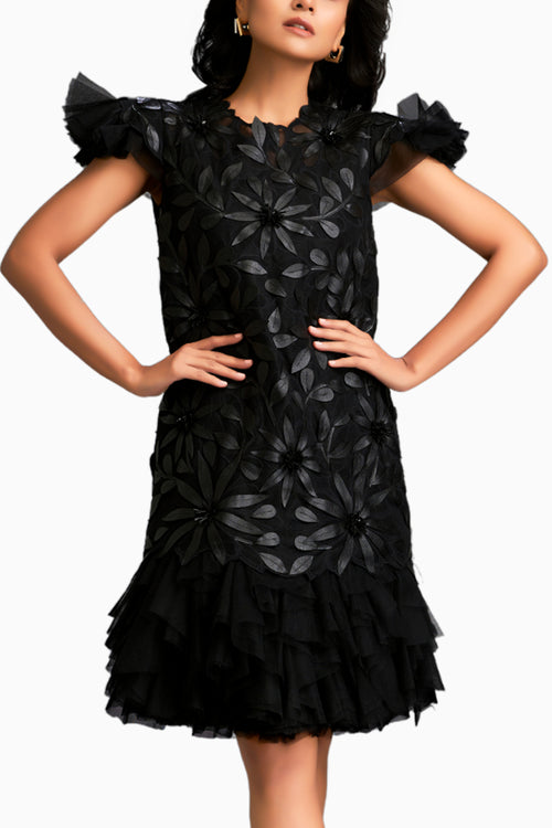 Floral Applique Short Dress With Layered Ruffled Hem And Slip