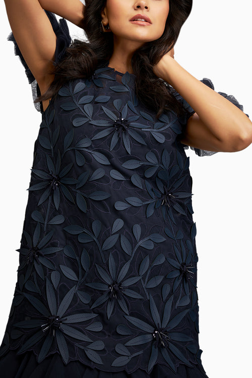 Floral Applique Blue Short Dress With Layered Ruffled Hem And Slip