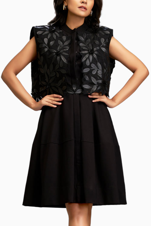 Black Textured Floral Embroidery Dress