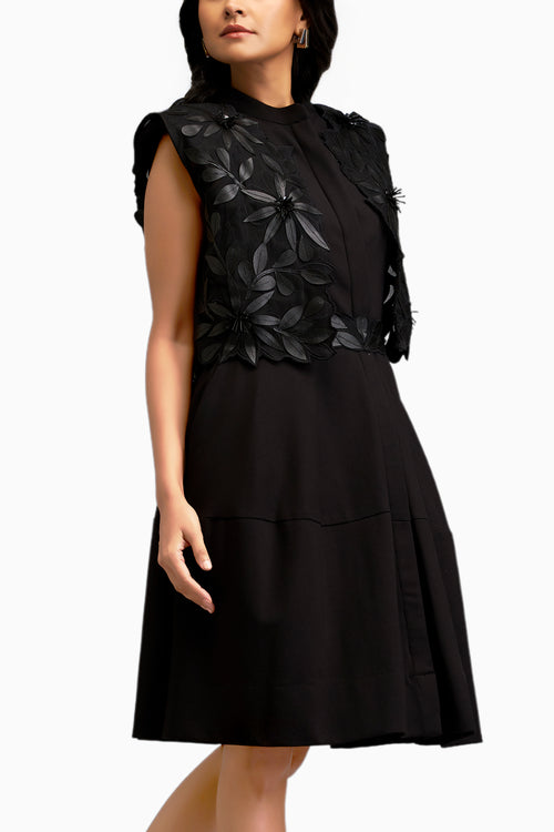 Black Textured Floral Embroidery Dress