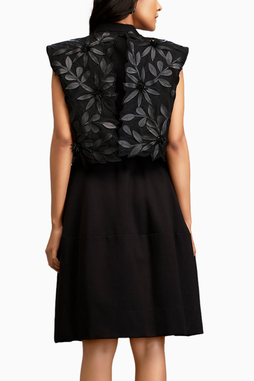 Black Textured Floral Embroidery Dress