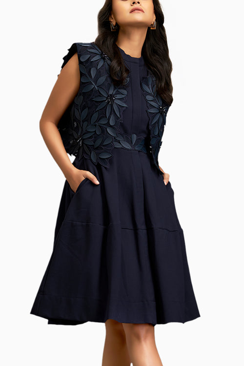 Blue Textured Floral Embroidery Dress
