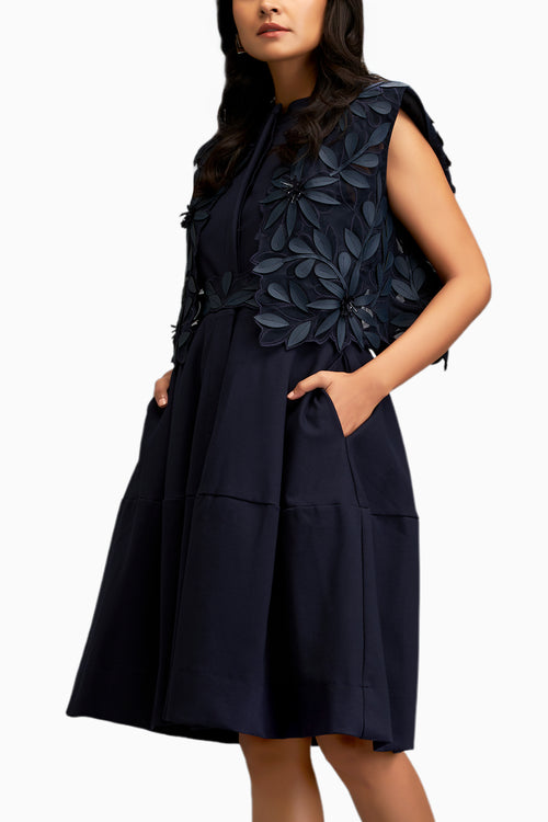 Blue Textured Floral Embroidery Dress