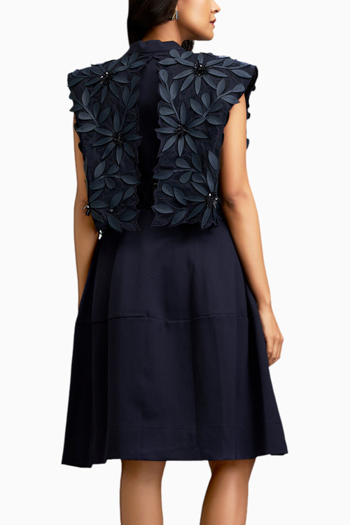 Blue Textured Floral Embroidery Dress