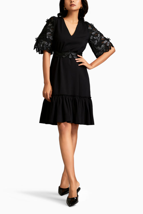 Leaf-Patterned Sheer Sleeves V-Neck Dress