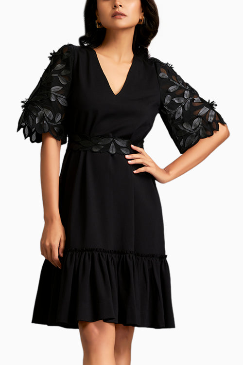 Leaf-Patterned Sheer Sleeves V-Neck Dress