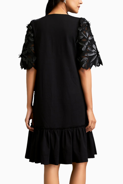 Leaf-Patterned Sheer Sleeves V-Neck Dress