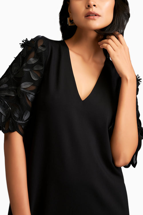 Leaf-Patterned Sheer Sleeves V-Neck Dress