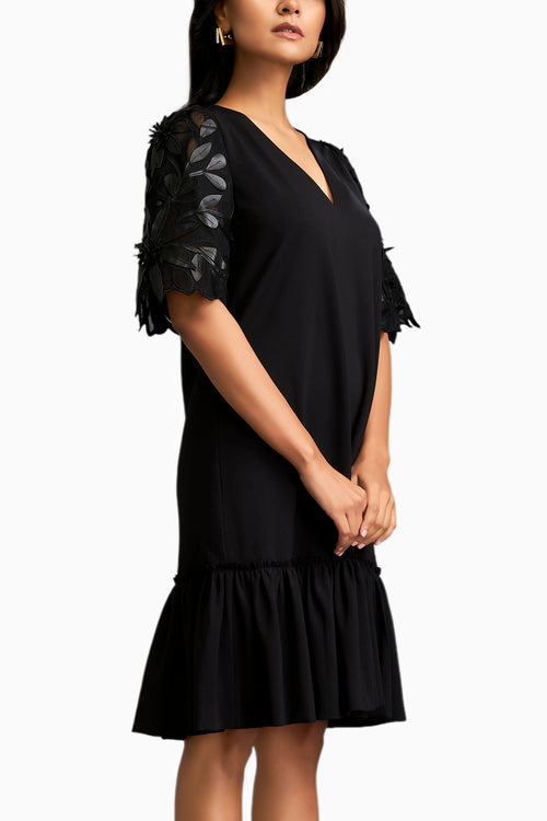 Leaf-Patterned Sheer Sleeves V-Neck Dress