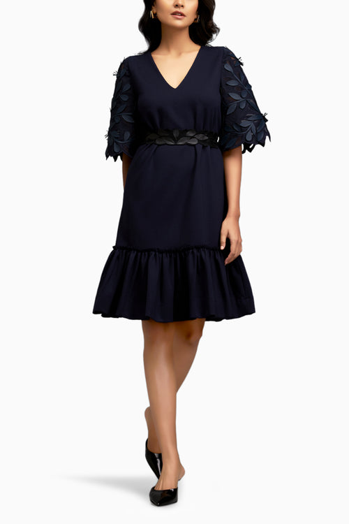 Leaf-Patterned Sheer Sleeves V-Neck Blue Dress