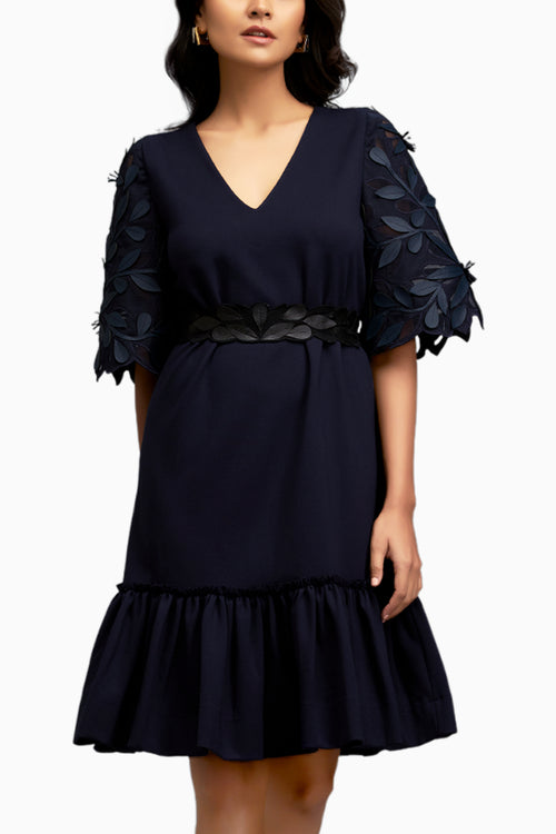 Leaf-Patterned Sheer Sleeves V-Neck Blue Dress