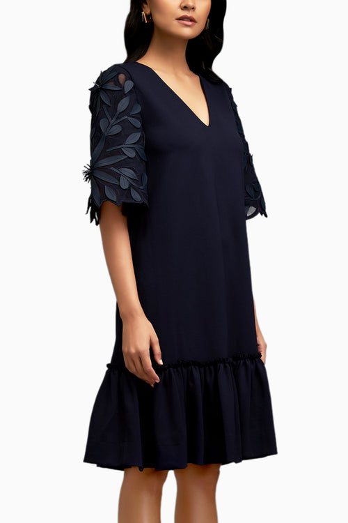 Leaf-Patterned Sheer Sleeves V-Neck Blue Dress