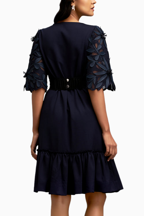 Leaf-Patterned Sheer Sleeves V-Neck Blue Dress