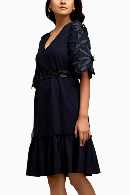 Leaf-Patterned Sheer Sleeves V-Neck Blue Dress