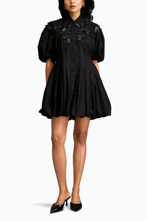 Floral Applique Structured Mini Dress With Puff Sleeves