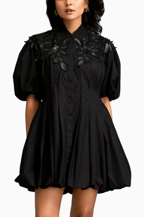 Floral Applique Structured Mini Dress With Puff Sleeves