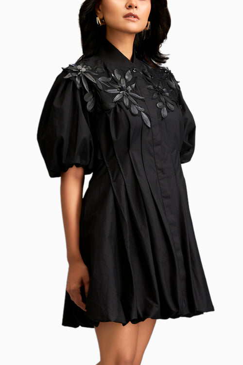 Floral Applique Structured Mini Dress With Puff Sleeves