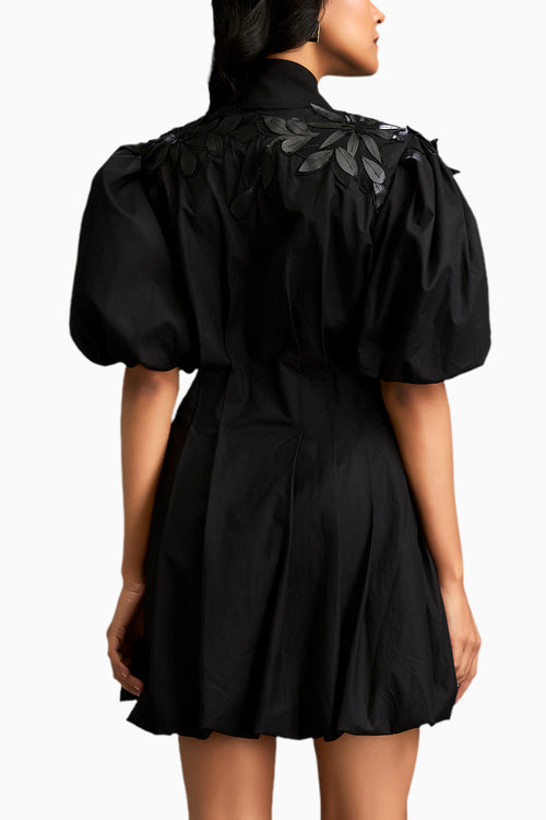 Floral Applique Structured Mini Dress With Puff Sleeves