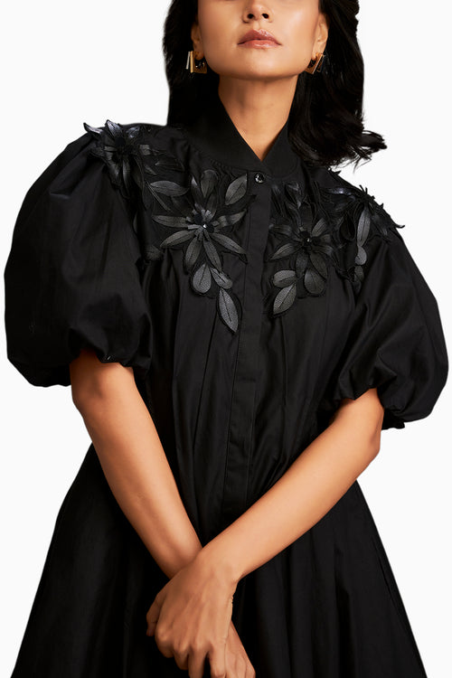 Floral Applique Structured Mini Dress With Puff Sleeves