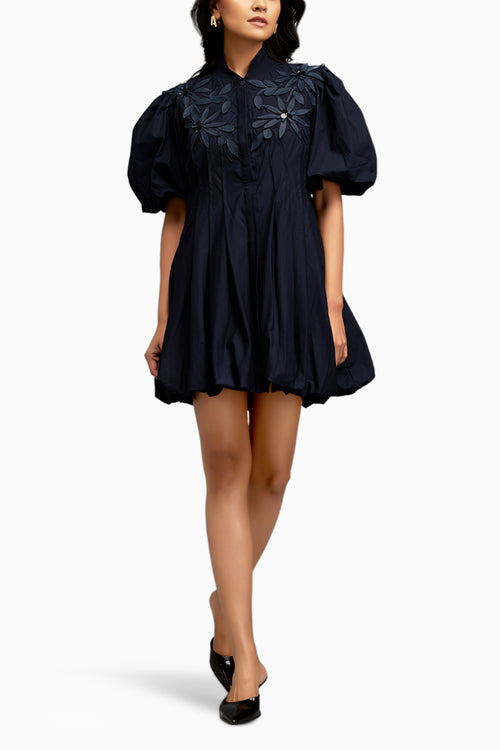 Blue Floral Applique Structured Mini Dress With Puff Sleeves