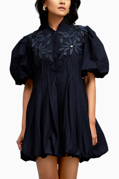 Blue Floral Applique Structured Mini Dress With Puff Sleeves