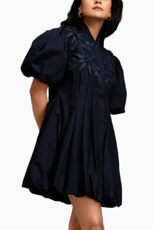 Blue Floral Applique Structured Mini Dress With Puff Sleeves