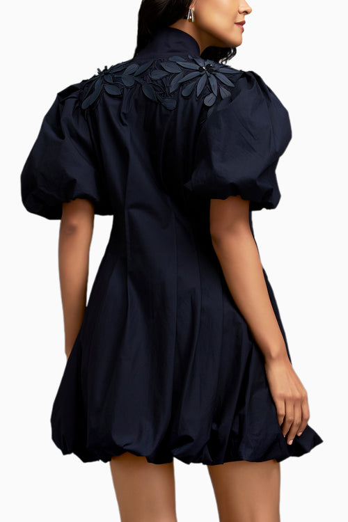 Blue Floral Applique Structured Mini Dress With Puff Sleeves