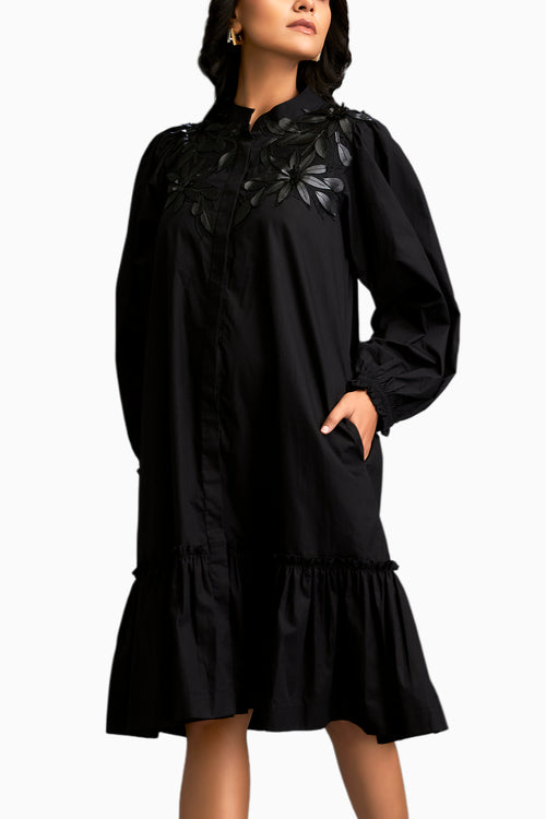 Floral Embroidery And Long Structured Sleeves Dress